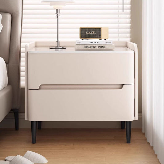 Modern Luxury Sintered Stone Faux Leather Wood Cylindrical Rectangular Nightstand 2-Drawer For Bedroom