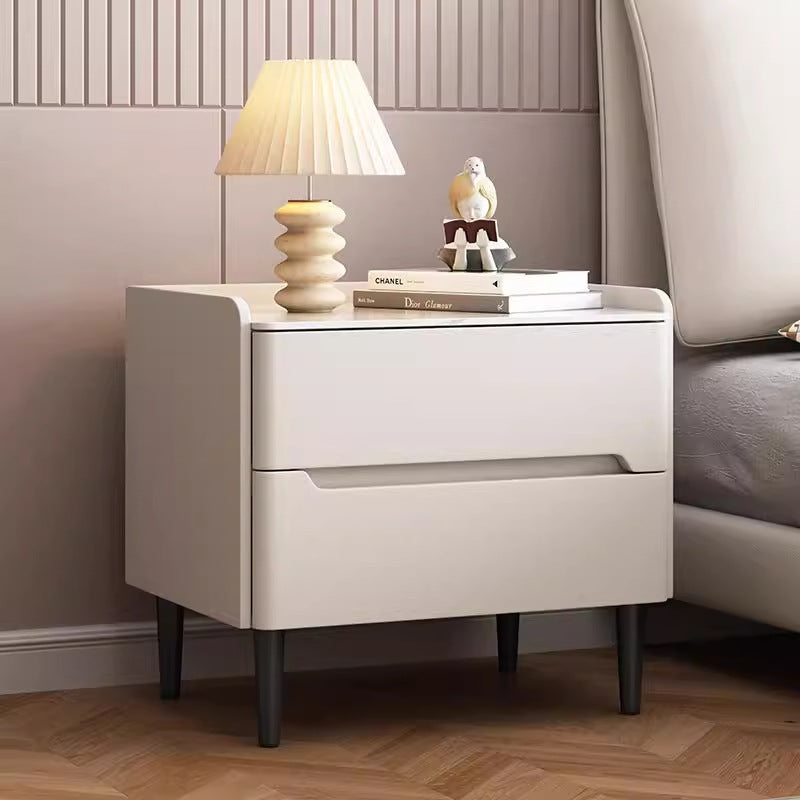 Modern Luxury Sintered Stone Faux Leather Wood Cylindrical Rectangular Nightstand 2-Drawer For Bedroom