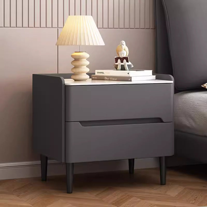 Modern Luxury Sintered Stone Faux Leather Wood Cylindrical Rectangular Nightstand 2-Drawer For Bedroom