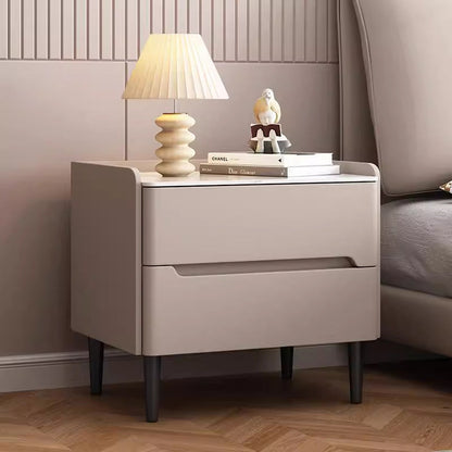 Modern Luxury Sintered Stone Faux Leather Wood Cylindrical Rectangular Nightstand 2-Drawer For Bedroom