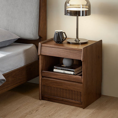 Traditional Vintage Black Walnut Grain Rectangular Nightstand With 2 Drawers For Bedroom