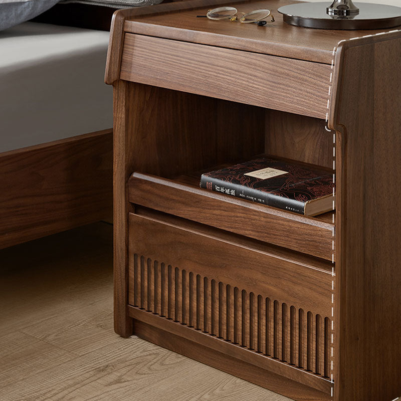 Traditional Vintage Black Walnut Grain Rectangular Nightstand With 2 Drawers For Bedroom