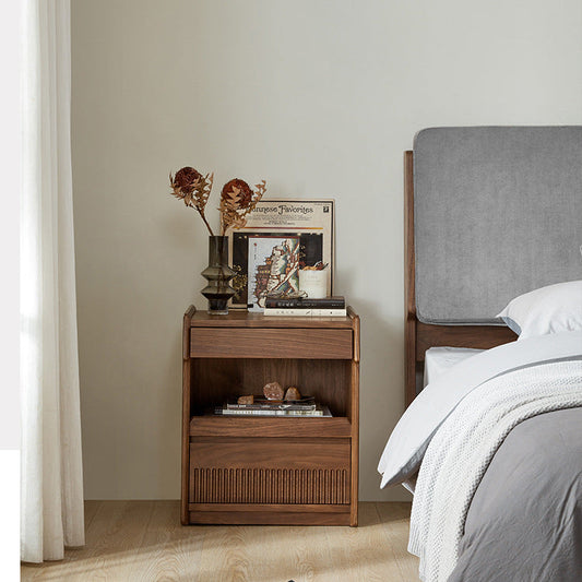 Traditional Vintage Black Walnut Grain Rectangular Nightstand With 2 Drawers For Bedroom