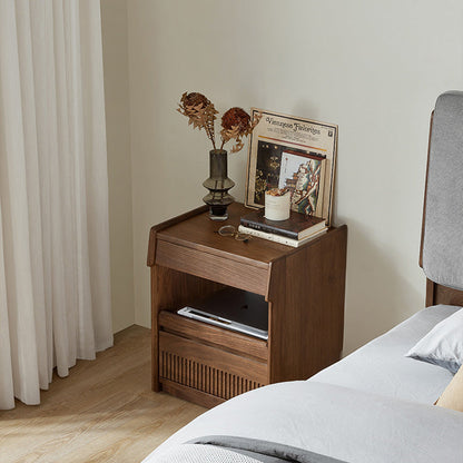 Traditional Vintage Black Walnut Grain Rectangular Nightstand With 2 Drawers For Bedroom