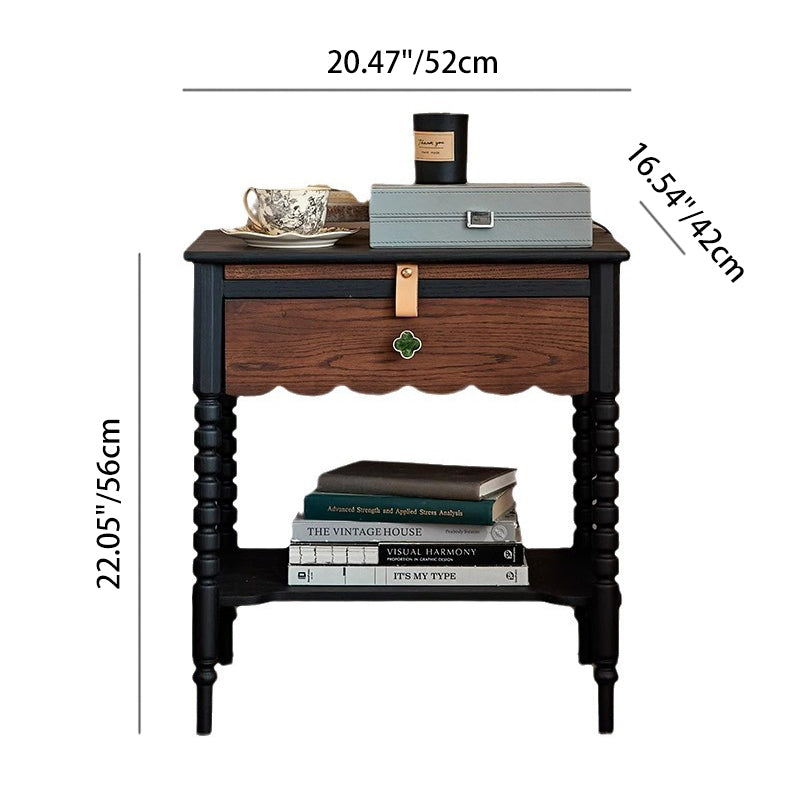 Traditional Vintage Solid Wood Wavy Square Cylinder Nightstand 2-Tier For Bedroom
