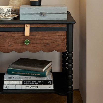 Traditional Vintage Solid Wood Wavy Square Cylinder Nightstand 2-Tier For Bedroom