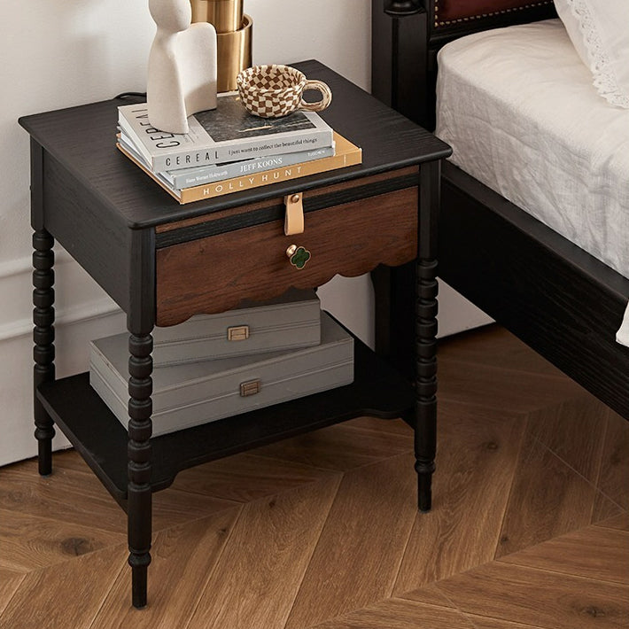 Traditional Vintage Solid Wood Wavy Square Cylinder Nightstand 2-Tier For Bedroom