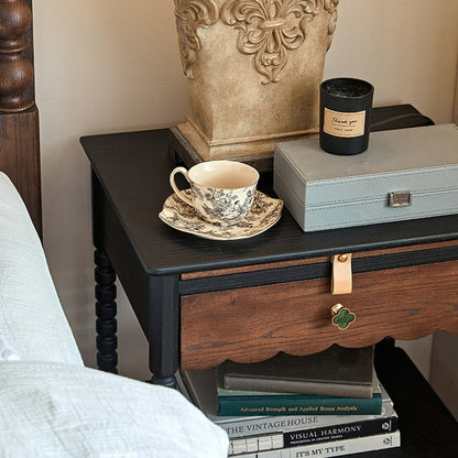 Traditional Vintage Solid Wood Wavy Square Cylinder Nightstand 2-Tier For Bedroom
