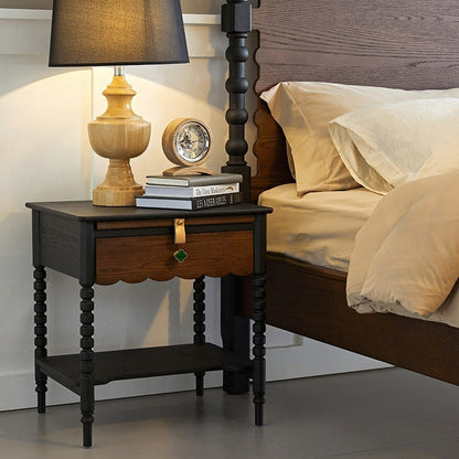 Traditional Vintage Solid Wood Wavy Square Cylinder Nightstand 2-Tier For Bedroom