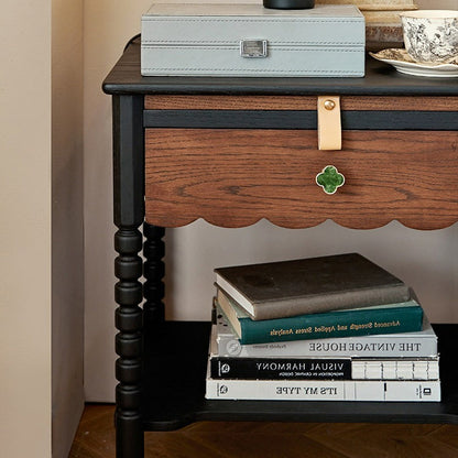 Traditional Vintage Solid Wood Wavy Square Cylinder Nightstand 2-Tier For Bedroom