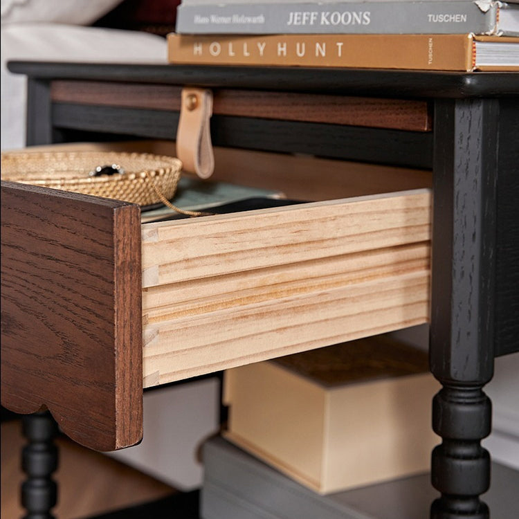 Traditional Vintage Solid Wood Wavy Square Cylinder Nightstand 2-Tier For Bedroom