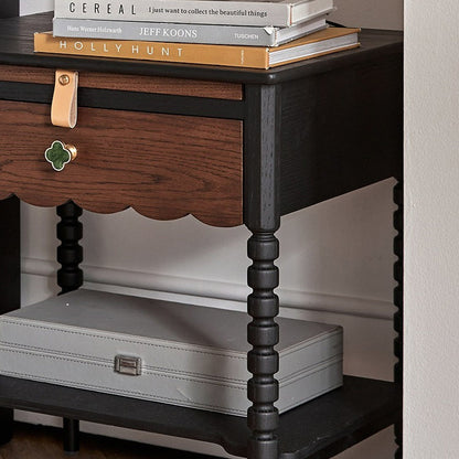 Traditional Vintage Solid Wood Wavy Square Cylinder Nightstand 2-Tier For Bedroom
