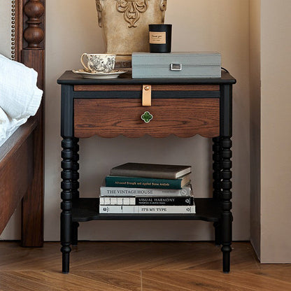 Traditional Vintage Solid Wood Wavy Square Cylinder Nightstand 2-Tier For Bedroom
