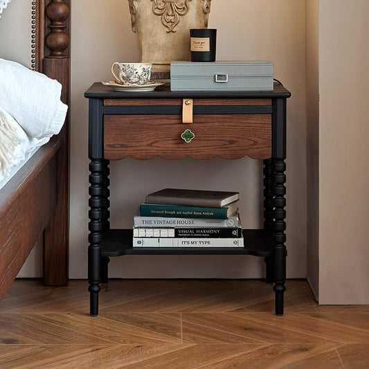 Traditional Vintage Solid Wood Wavy Square Cylinder Nightstand 2-Tier For Bedroom
