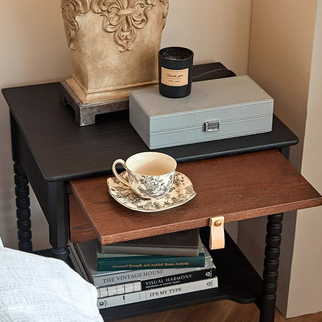 Traditional Vintage Solid Wood Wavy Square Cylinder Nightstand 2-Tier For Bedroom