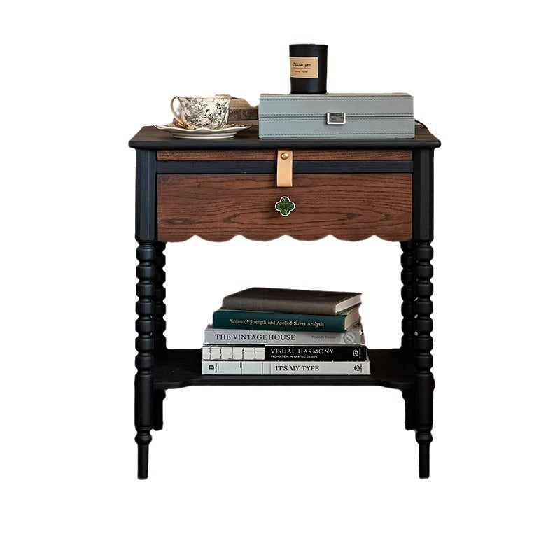 Traditional Vintage Solid Wood Wavy Square Cylinder Nightstand 2-Tier For Bedroom