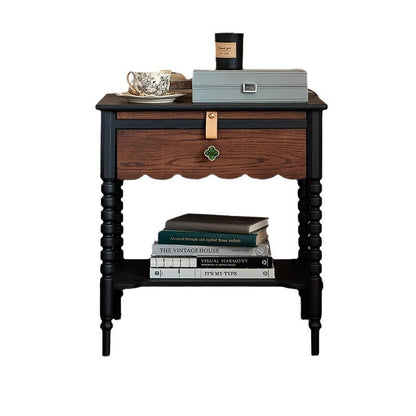 Traditional Vintage Solid Wood Wavy Square Cylinder Nightstand 2-Tier For Bedroom