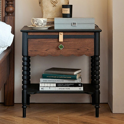 Traditional Vintage Solid Wood Wavy Square Cylinder Nightstand 2-Tier For Bedroom