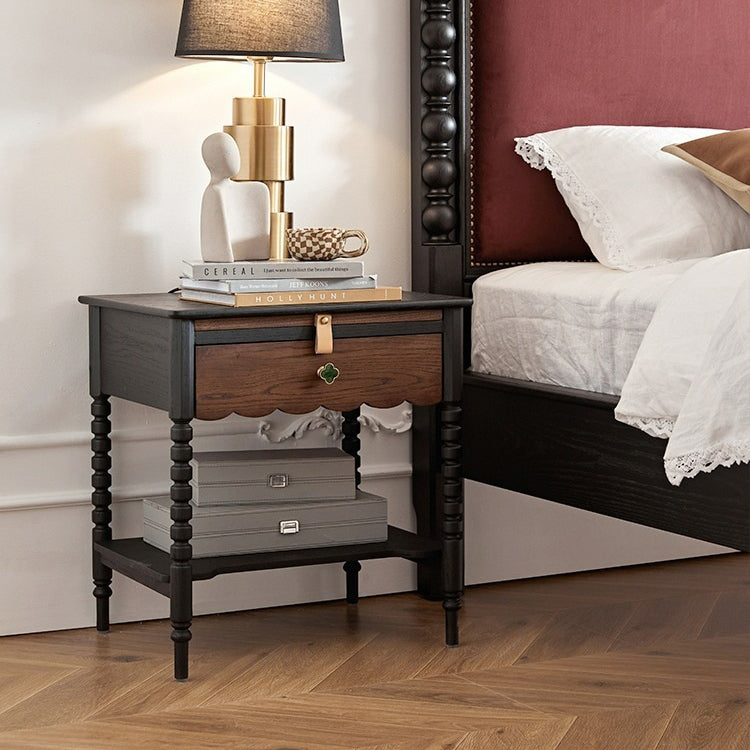 Traditional Vintage Solid Wood Wavy Square Cylinder Nightstand 2-Tier For Bedroom