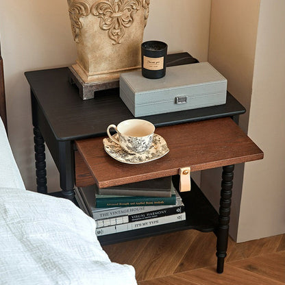 Traditional Vintage Solid Wood Wavy Square Cylinder Nightstand 2-Tier For Bedroom