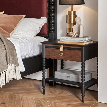 Traditional Vintage Solid Wood Wavy Square Cylinder Nightstand 2-Tier For Bedroom