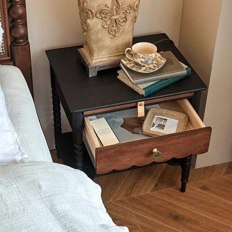 Traditional Vintage Solid Wood Wavy Square Cylinder Nightstand 2-Tier For Bedroom