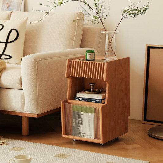 Traditional Japanese Cherry Wood Glass Wave Shape Nightstand 2-Tier For Bedroom