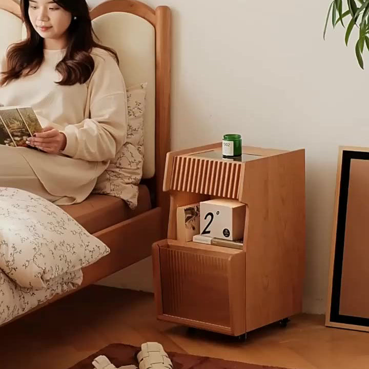 Traditional Japanese Cherry Wood Glass Wave Shape Nightstand 2-Tier For Bedroom