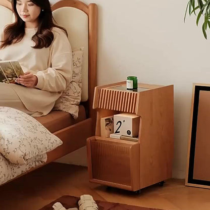 Traditional Japanese Cherry Wood Glass Wave Shape Nightstand 2-Tier For Bedroom