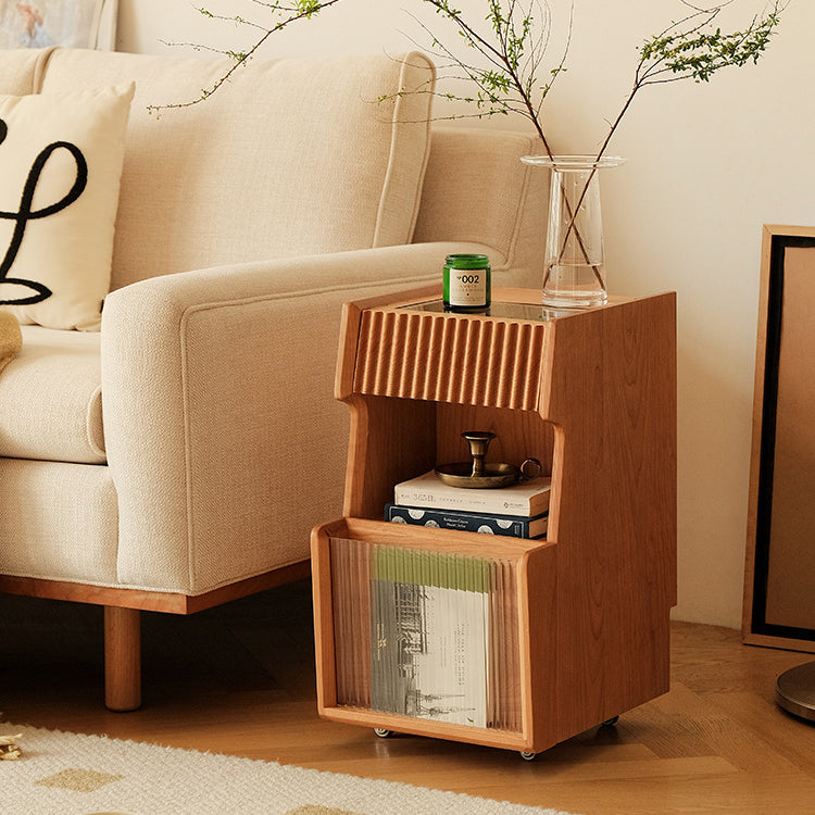Traditional Japanese Cherry Wood Glass Wave Shape Nightstand 2-Tier For Bedroom
