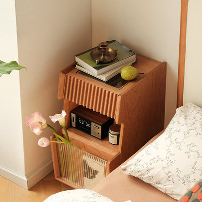 Traditional Japanese Cherry Wood Glass Wave Shape Nightstand 2-Tier For Bedroom