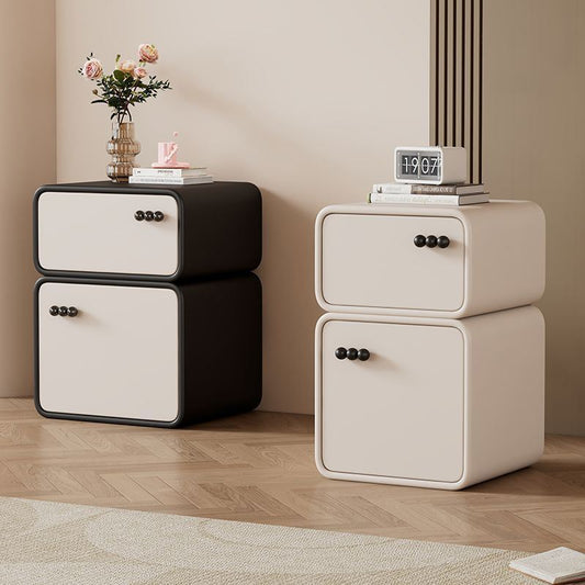 Modern Luxury Faux Leather Solid Wood Rounded Nightstand With 2 Drawers For Bedroom