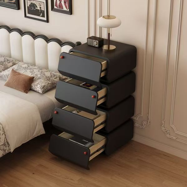 Vintage French Faux Leather Solid Wood Metal Square Nightstand With 4-Drawers For Bedroom