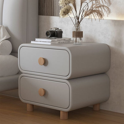 Modern Minimalist Faux Leather Solid Wood Rounded Nightstand With 2-Drawers For Bedroom