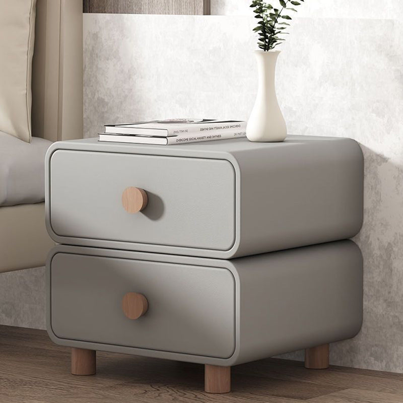 Modern Minimalist Faux Leather Solid Wood Rounded Nightstand With 2-Drawers For Bedroom