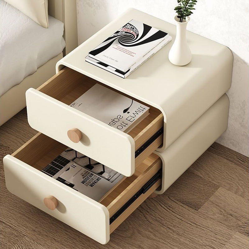 Modern Minimalist Faux Leather Solid Wood Rounded Nightstand With 2-Drawers For Bedroom