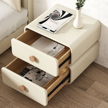 Modern Minimalist Faux Leather Solid Wood Rounded Nightstand With 2-Drawers For Bedroom