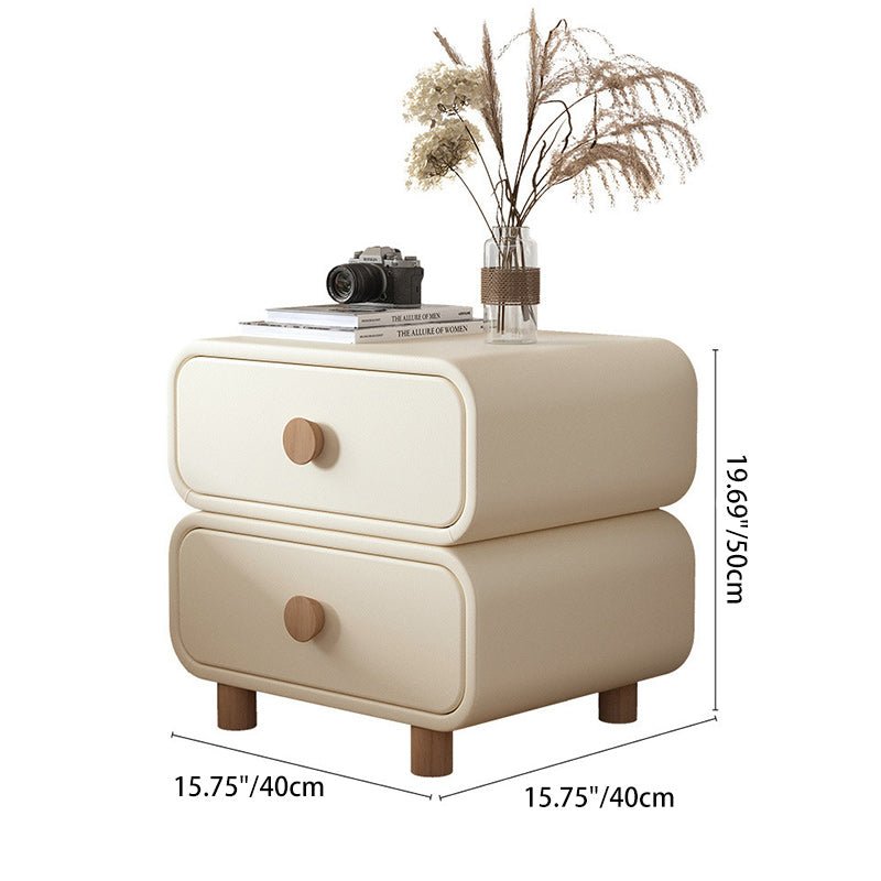 Modern Minimalist Faux Leather Solid Wood Rounded Nightstand With 2-Drawers For Bedroom