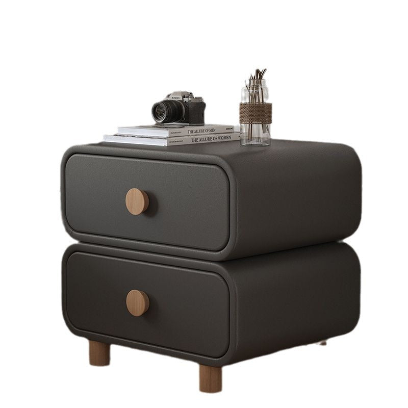 Modern Minimalist Faux Leather Solid Wood Rounded Nightstand With 2-Drawers For Bedroom