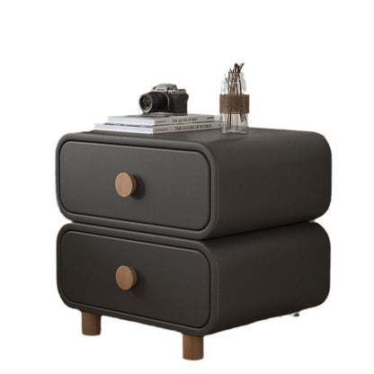 Modern Minimalist Faux Leather Solid Wood Rounded Nightstand With 2-Drawers For Bedroom
