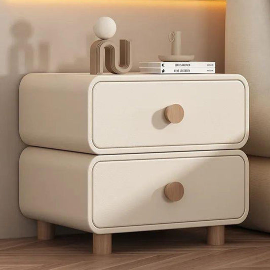 Modern Minimalist Faux Leather Solid Wood Rounded Nightstand With 2-Drawers For Bedroom