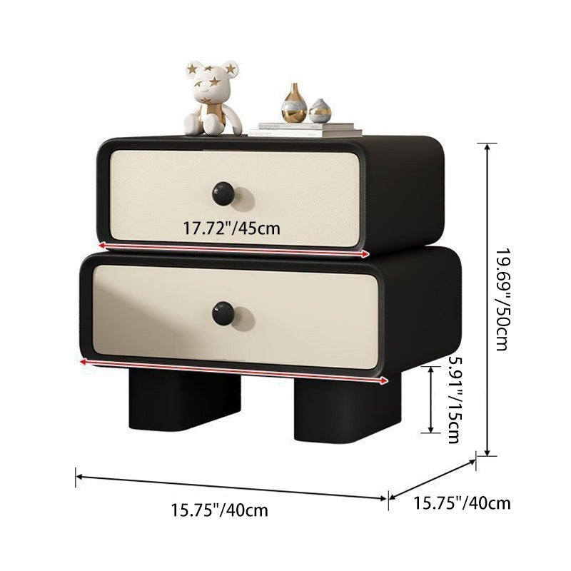 Modern Minimalist Faux Leather Solid Wood Stacked Cylinder Nightstand With 2 Drawers For Bedroom