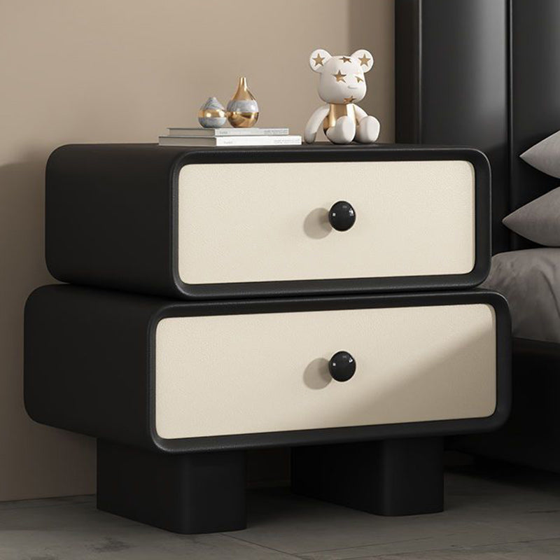 Modern Minimalist Faux Leather Solid Wood Stacked Cylinder Nightstand With 2 Drawers For Bedroom