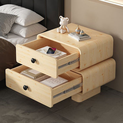 Modern Minimalist Faux Leather Solid Wood Stacked Cylinder Nightstand With 2 Drawers For Bedroom