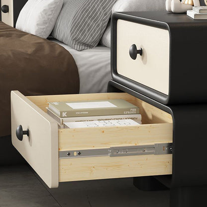 Modern Minimalist Faux Leather Solid Wood Stacked Cylinder Nightstand With 2 Drawers For Bedroom