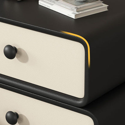 Modern Minimalist Faux Leather Solid Wood Stacked Cylinder Nightstand With 2 Drawers For Bedroom