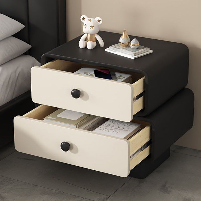 Modern Minimalist Faux Leather Solid Wood Stacked Cylinder Nightstand With 2 Drawers For Bedroom
