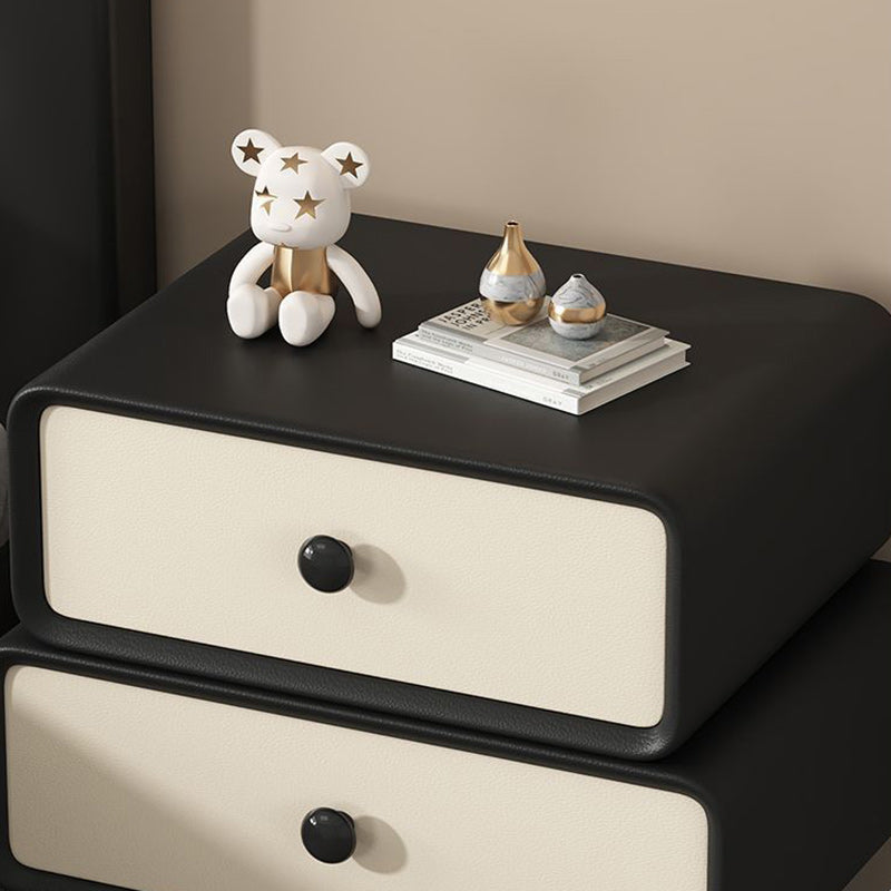 Modern Minimalist Faux Leather Solid Wood Stacked Cylinder Nightstand With 2 Drawers For Bedroom