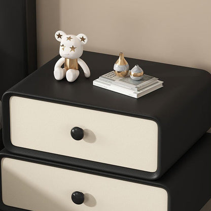 Modern Minimalist Faux Leather Solid Wood Stacked Cylinder Nightstand With 2 Drawers For Bedroom