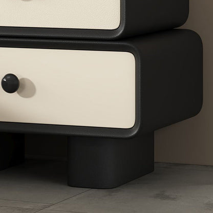 Modern Minimalist Faux Leather Solid Wood Stacked Cylinder Nightstand With 2 Drawers For Bedroom
